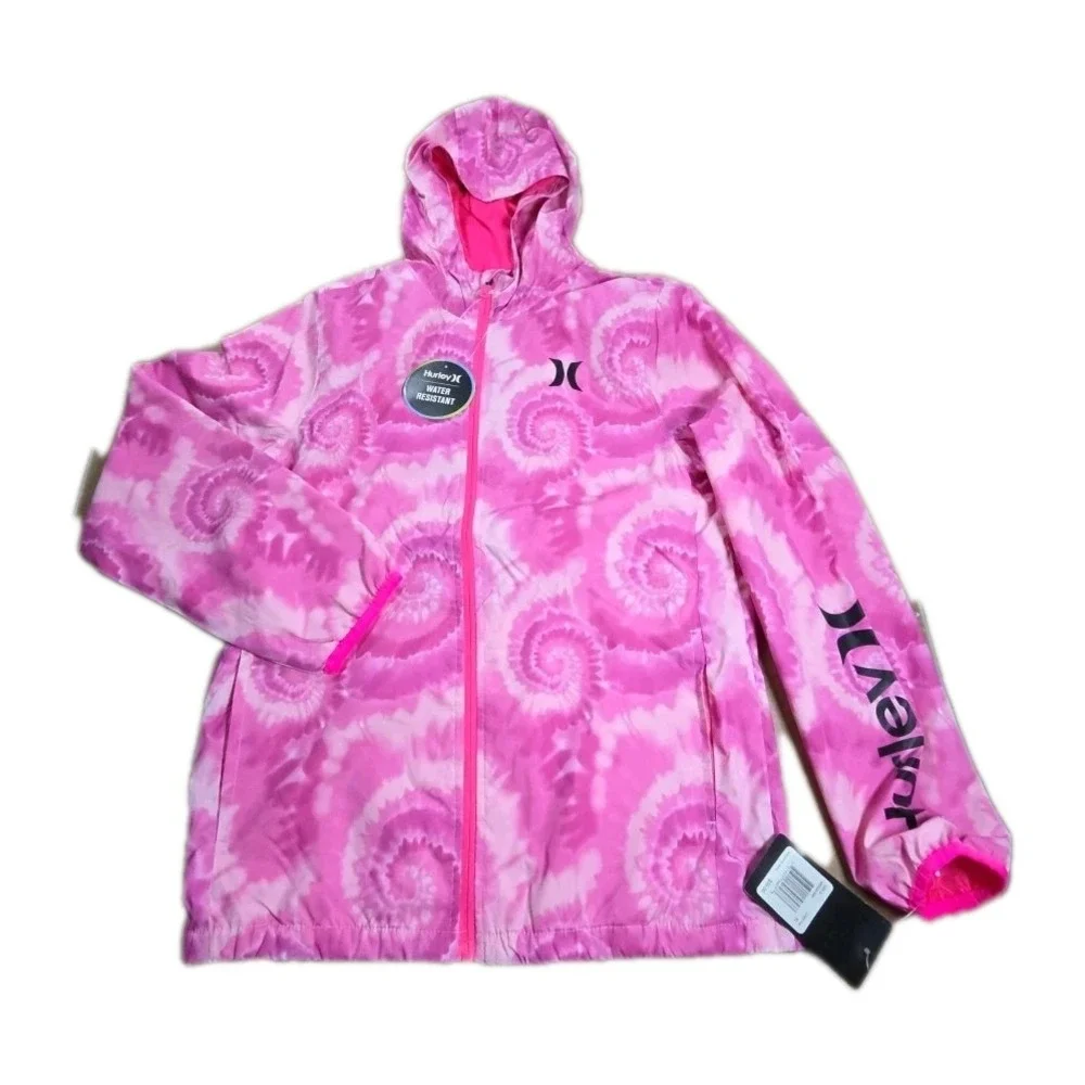 Girls XL Hurley Windbreaker Jacket Long Sleeve Full Zip Pockets Hyper Pink Logo